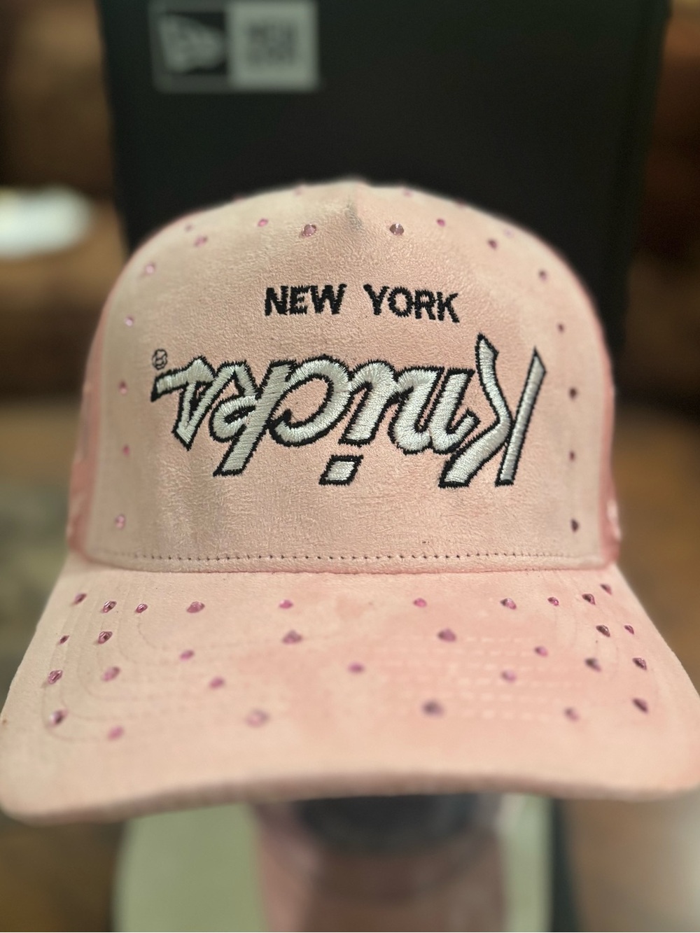 New York Knicks Pink Suede SnapBack Hat With Rhinestones